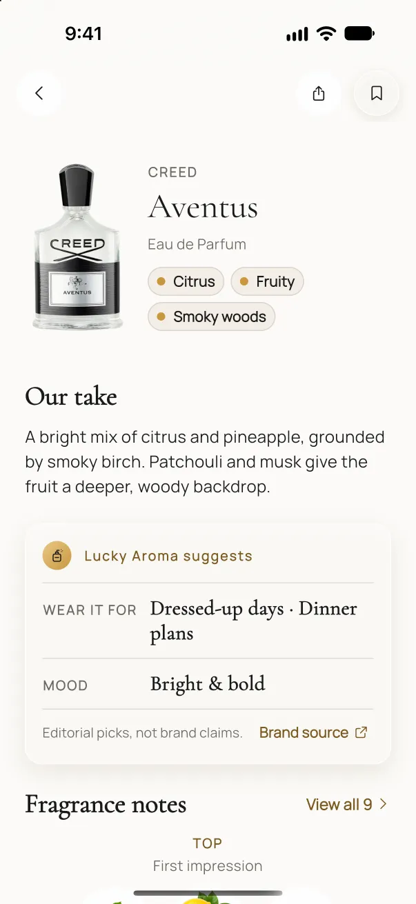 Creed Aventus detail page with notes and our take
