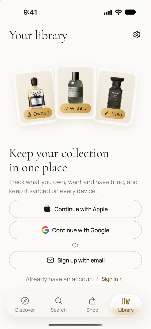 Your library with owned, wishlist and tried shelves